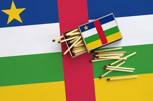 Central African Republic flag is shown on an open matchbox, from which several matches fall and lies on a large flag photo