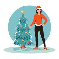 Beautiful winter girl with a christmas tree. Character illustration vector