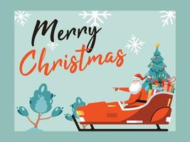 Merry Christmas illustration. Cute cartoon Santa Claus sitting in sleigh with present and christmas tree vector