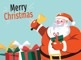 Merry Christmas greeting card with cartoon Santa Claus and Christmas tree with presents vector