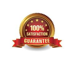 100 Percent satisfaction guarantee golden badge with red ribbon and stars. vector