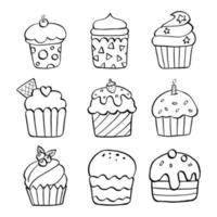 Black line set of nine cupcakes on white background. Hand drawn cartoon style. Doodle for coloring, decoration or any design. Vector illustration of kid art.