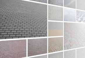 A collage of many pictures with fragments of paving tiles close-up. Set of images with pavement stone photo