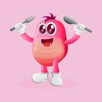 Cute pink monster holding spoon and fork vector