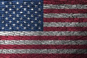 United States of America flag is depicted on the screen with the program code. The concept of modern technology and site development photo