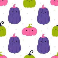 Cute and funny pumpkin seamless pattern, cartoon flat vector illustration. Childish background for Halloween celebration. Great for wrapping paper design.