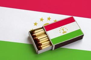 Tajikistan flag is shown in an open matchbox, which is filled with matches and lies on a large flag photo