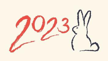 Vector caligraphy of 2023 and bunny like symbol new year. New year 2023. Hand drawing lettering with rabbit