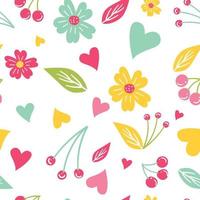 Vector seamless pattern with berries and flowers. Vector seasonal pattern with summer elements.