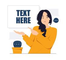Woman showing and pointing fingers upper left and right corner with happy expression advices use this copy space wisely concept illustration vector