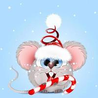 Cartoon funny mouse Santa Claus with sweet candy cane under snowfall. vector