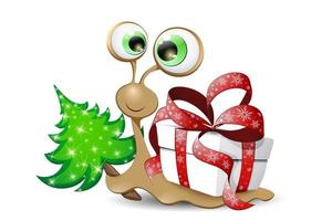 Funny cartoon Christmas Snail with Christmas gift box shell, holding Christmas fir tree. Xmas concept vector