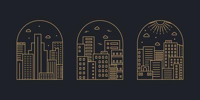 Cityscape badge. Modern building in flat line vector. City landscape line art illustration with building, tower, skyscrapers. Vector illustration.