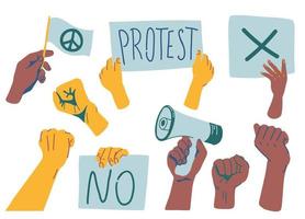 Set of protesting hands with banners. Collection of activists holding various placards. Hand drawn vector illustration