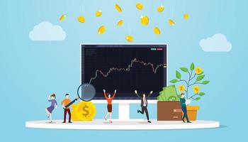 stock market concept with people man and woman happy on candlestick monitor screen for investment with modern flat style vector