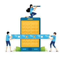 Vector Illustration of People looking for cashback voucher tickets or discount programs from promotional apps. Can be used for landing pages, web, websites, mobile apps, posters, ads, flyers, banners