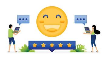 Vector illustration of chat, conversation and dialogue using smiley emoji and five star rating feedback. Can be used for landing pages, web, websites, mobile apps, posters, ads, flyers, banners