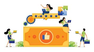 Vector illustration of five star rating and thumbs up from user feedback. cashback on financial transactions. Can be used for landing pages, web, websites, mobile apps, posters, ads, flyers, banners