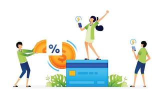 Vector Illustration of People getting discounts and cashback from credit card promotion programs for loans. Can be used for landing pages, web, websites, mobile apps, posters, ads, flyers, banners