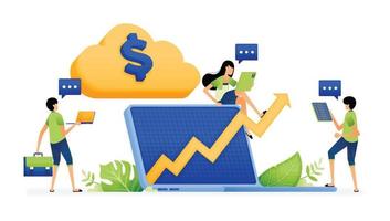vector illustration of analyzing company charts from financial data on cloud for future strategy and planning. Can be used for landing pages, web, websites, mobile apps, posters, ads, flyers, banners