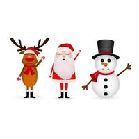 Cartoon funny santa claus, reindeer and snowman waving hands isolated on white vector