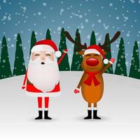 Santa Claus and funny reindeer in a winter forest on a hill wave their hand vector