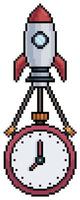 Pixel art rocket carrying clock, stopwatch, alarm clock vector icon for 8bit game on white background