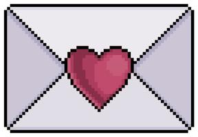 Pixel art envelope with heart icon, love letter vector icon for 8bit game on white background