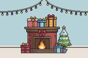 Pixel art christmas scene with fireplace, christmas tree, gifts and lights background vector for 8bit game