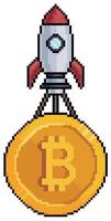 cohete de arte de píxeles que lleva un icono de vector de bitcoin para un juego de 8 bits sobre fondo blanco