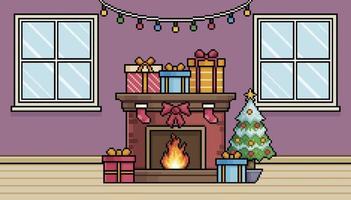 sala de escena de Navidad de arte de píxeles con ventana, chimenea, árbol de Navidad, regalos, vector de fondo de luces para juego de 8 bits