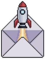 Pixel art envelope with rocket flying vector icon for 8bit game on white background