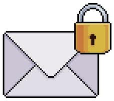 Pixel art envelope with padlock icon, secure mail vector icon for 8bit game on white background