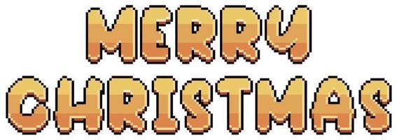 Pixel art golden merry christmas text vector icon for 8bit game on white background