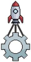 Pixel art rocket pulling gear vector icon for 8bit game on white background