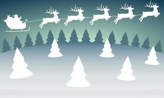 Christmas reindeers are carrying Santa Claus in a sleigh with gifts. vector