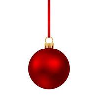 bola roja de navidad en una cinta con un hermoso lazo aislado en blanco vector