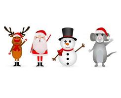 santa claus, reno de navidad con un muñeco de nieve y un ratón en un blanco vector