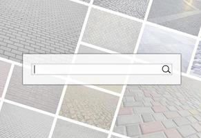 Visualization of the search bar on the background of a collage of many pictures with fragments of paving tiles close-up. Set of images with pavement stone photo