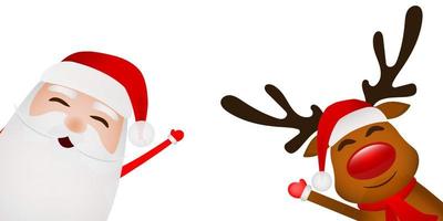 Cartoon funny santa claus and reindeer waving hands isolated on white vector