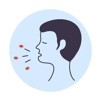 transmisión de gotitas respiratorias generadas durante la tos y los estornudos. icono de cabeza de hombre con goteo nasal y gotas para la boca. vector