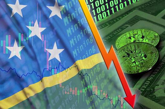 bandera de las islas salomón y tendencia de caída de criptomonedas con dos bitcoins en billetes de dólar y visualización de código binario foto