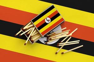 Uganda flag is shown on an open matchbox, from which several matches fall and lies on a large flag photo