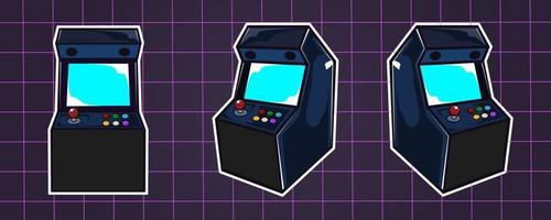 conjunto de máquinas de videojuegos arcade en estilo de dibujos animados, gráficos vectoriales con vibraciones retro vintage de los años 80 vector