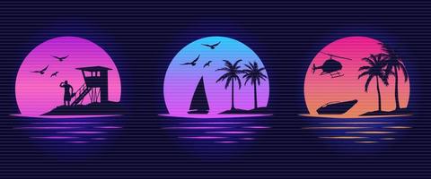 Vector Synthwave Graphics. Beaches, yachts and surfing. Miami California Hawaii design. Red Sunsets with sillhouettes. Vector Design for apparel t-shirt