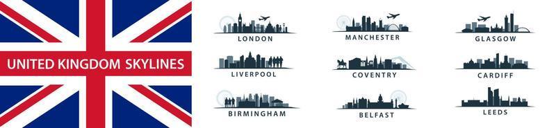 colección de ciudades del Reino Unido, horizontes establecidos en siluetas vectoriales, destinos ingleses como londres, leeds, coventry, birmingham, liverpool, belfast, cardiff, glasgow vector