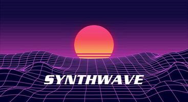 Landscape skyline with neon light grid, sun and mountains. Sci-fi, futuristic illustration. Retrowave, synthwave or vaporwave 80s vector