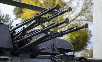 Soviet anti-aircraft self-propelled gun close-up. View of the quadruple automatic 23-mm gun. Detail of a self-propelled anti-aircraft gun. The basis of modern air defense forces. photo