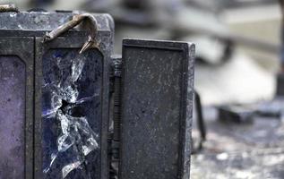 Detail of an old Russian tank, destroyed viewfinder. Destroyed tank, infantry vehicle. Thermal imaging night sight rangefinder. Prismatic viewing device for observing tanks and armored vehicles. photo