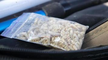 A small bag of sawdust and maggots. Live bait for fishing. Fly larvae are good bait for catching any fish. Fishing. The topic is bait for carp, bream, perch, crucian fish. Bait for fishing. photo